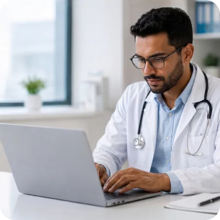 Médico utilizando um notebook